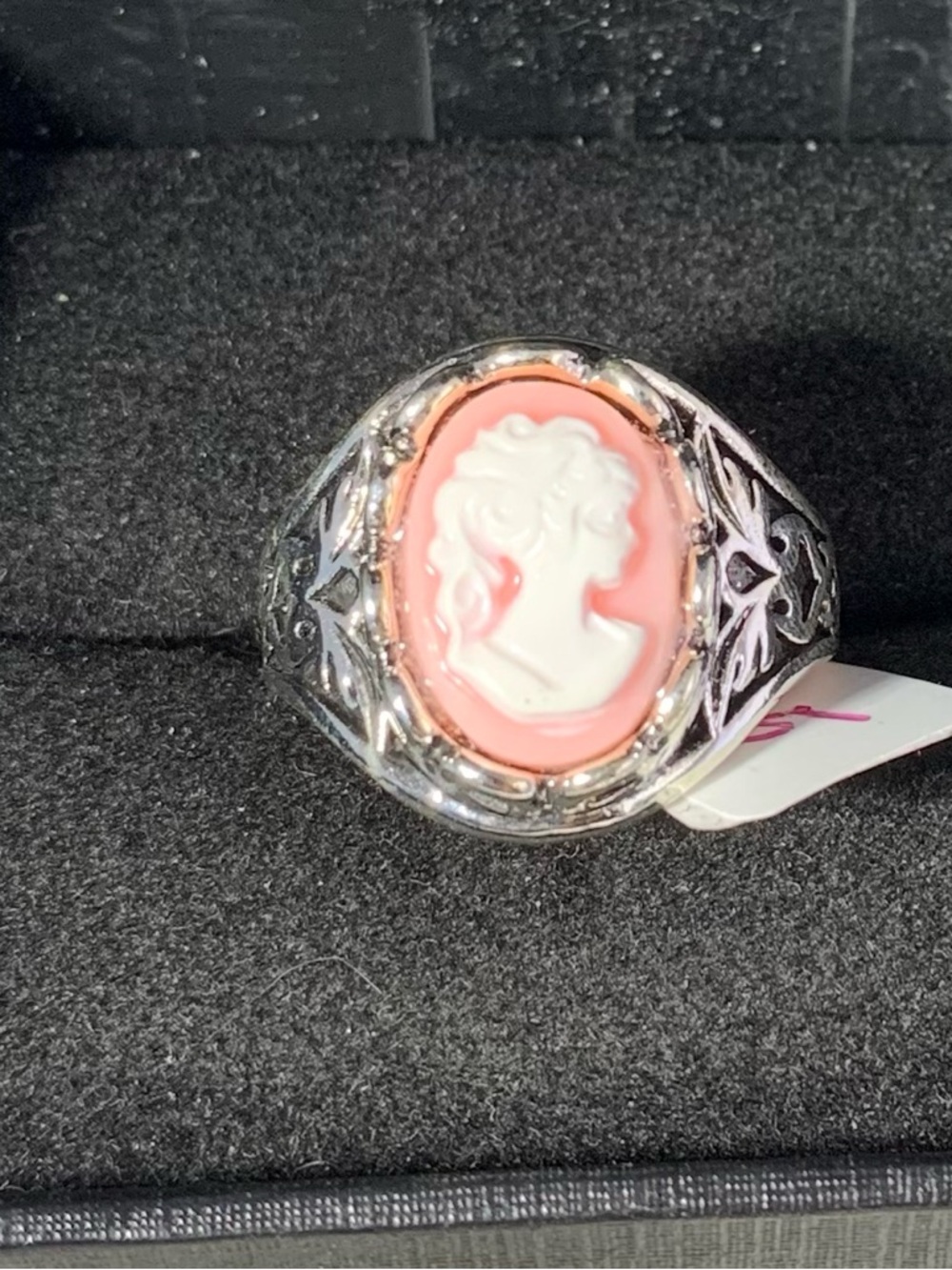 Pink Cameo Ring with Silver Tone Band Size 9.5